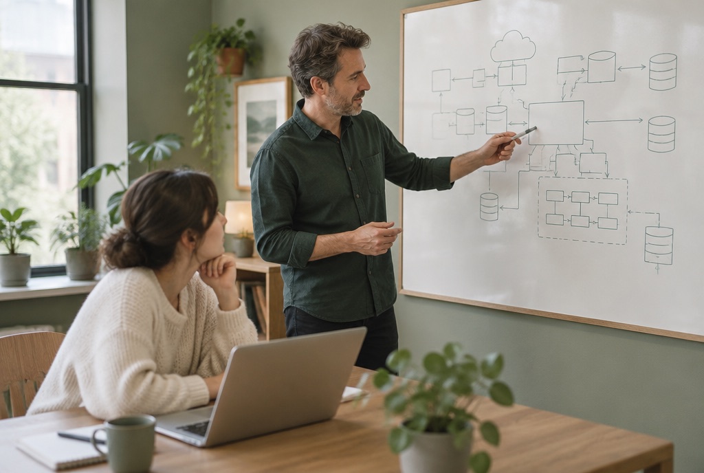 A consultant sketching a system architecture on a whiteboard while a colleague with a laptop looks on.